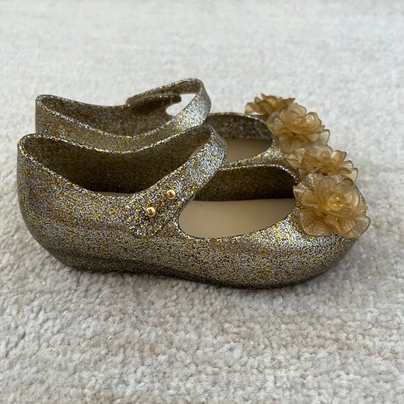Mini Melissa Girls Ultragirl Gold Glitter Flower Sandals Toddler Shoes 10 - Picture 3 of 7